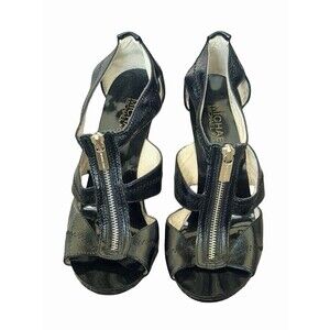 Michael Kors Berkley T Strap Zipper Open Toe Leather Sandal Heels Black  6.5